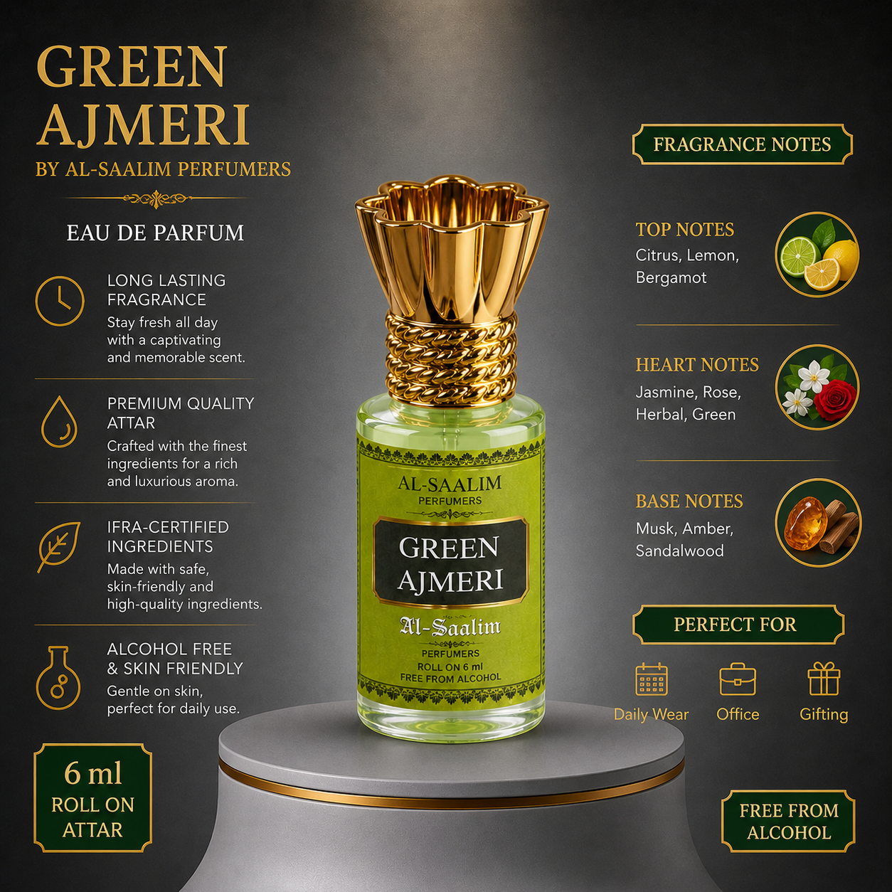Green Ajmeri Attar (Roll-On 6ml) | Al-Saalim Perfumers | Alcohol-Free