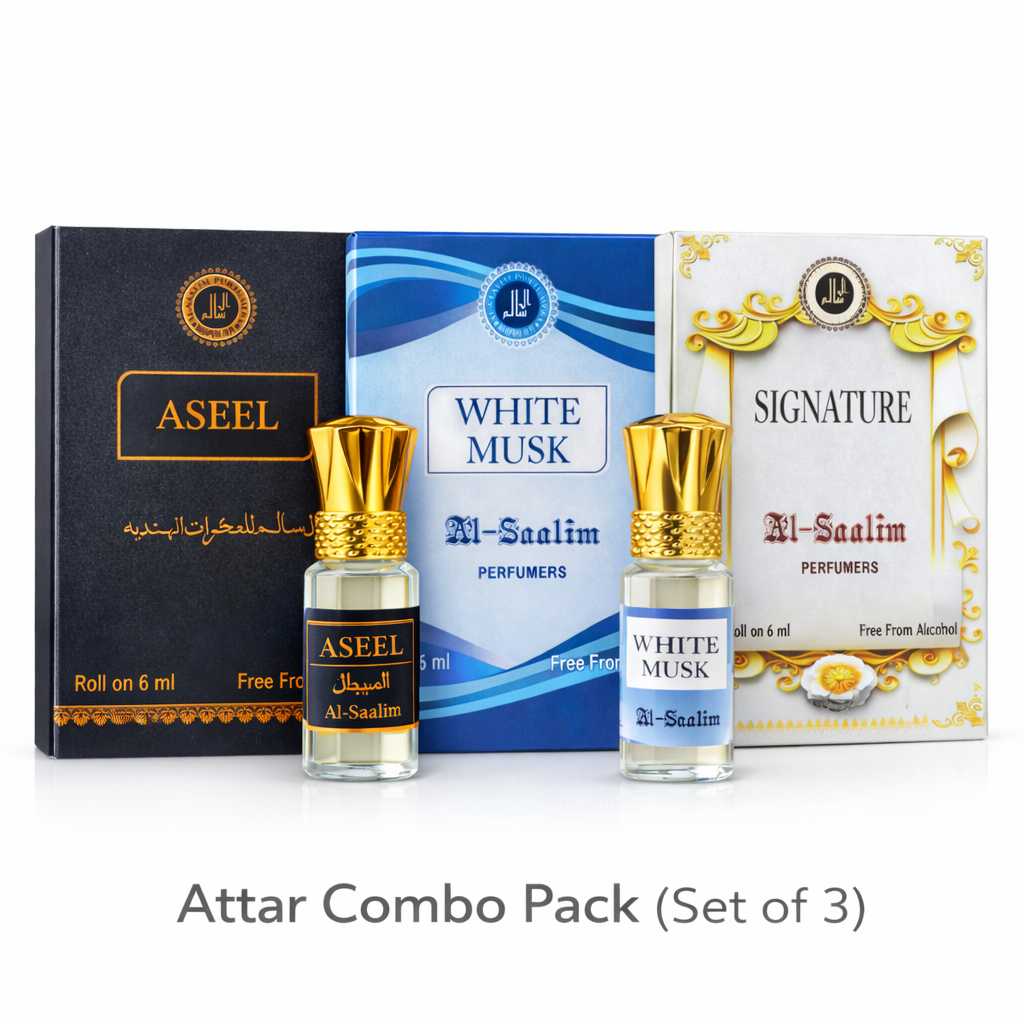 Al-Saalim Premium Attar Combo Pack (Pack of 3 – Aseel, White Musk & Signature) | Roll On 6ml Each | Alcohol Free