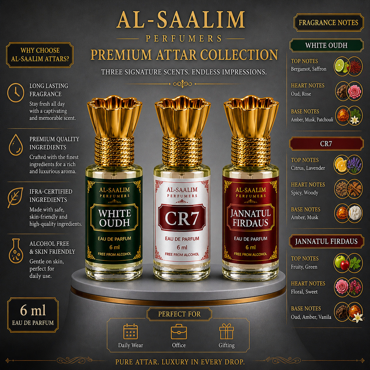 Al-Saalim Premium Attar Combo Pack (Pack of 3 Roll On 6ml) | Alcohol Free Luxury Fragrance Set