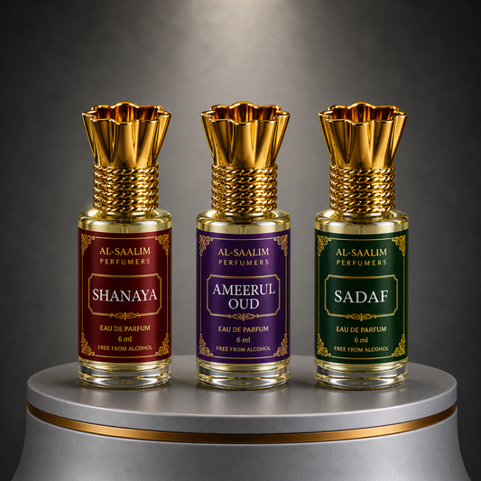 Al-Saalim Premium Attar Combo Pack (Pack of 3 – Shanaya, Sadaf & Ameerul Oud) | Roll On 6ml Each | Alcohol Free