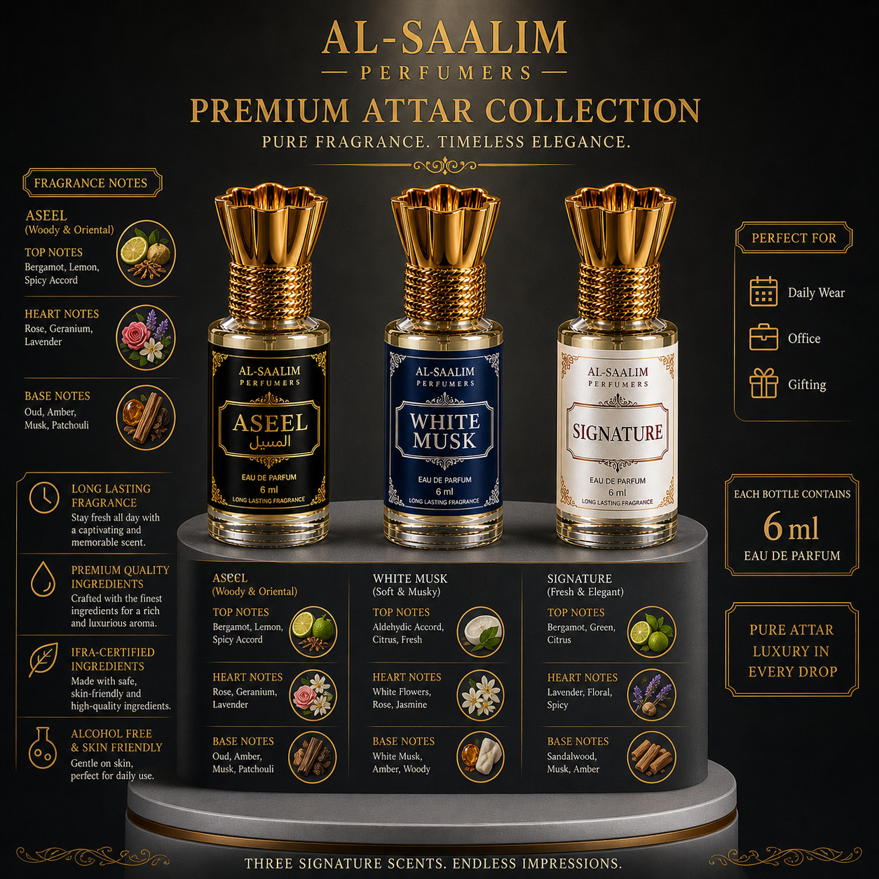 Al-Saalim Premium Attar Combo Pack (Pack of 3 – Aseel, White Musk & Signature) | Roll On 6ml Each | Alcohol Free