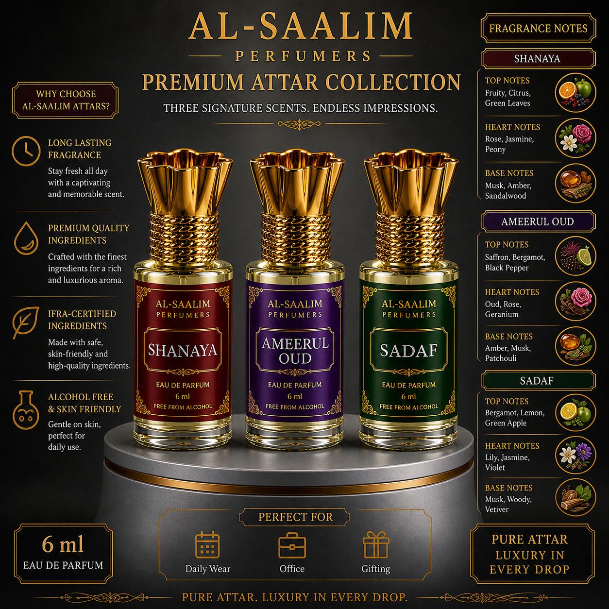 Al-Saalim Premium Attar Combo Pack (Pack of 3 – Shanaya, Sadaf & Ameerul Oud) | Roll On 6ml Each | Alcohol Free