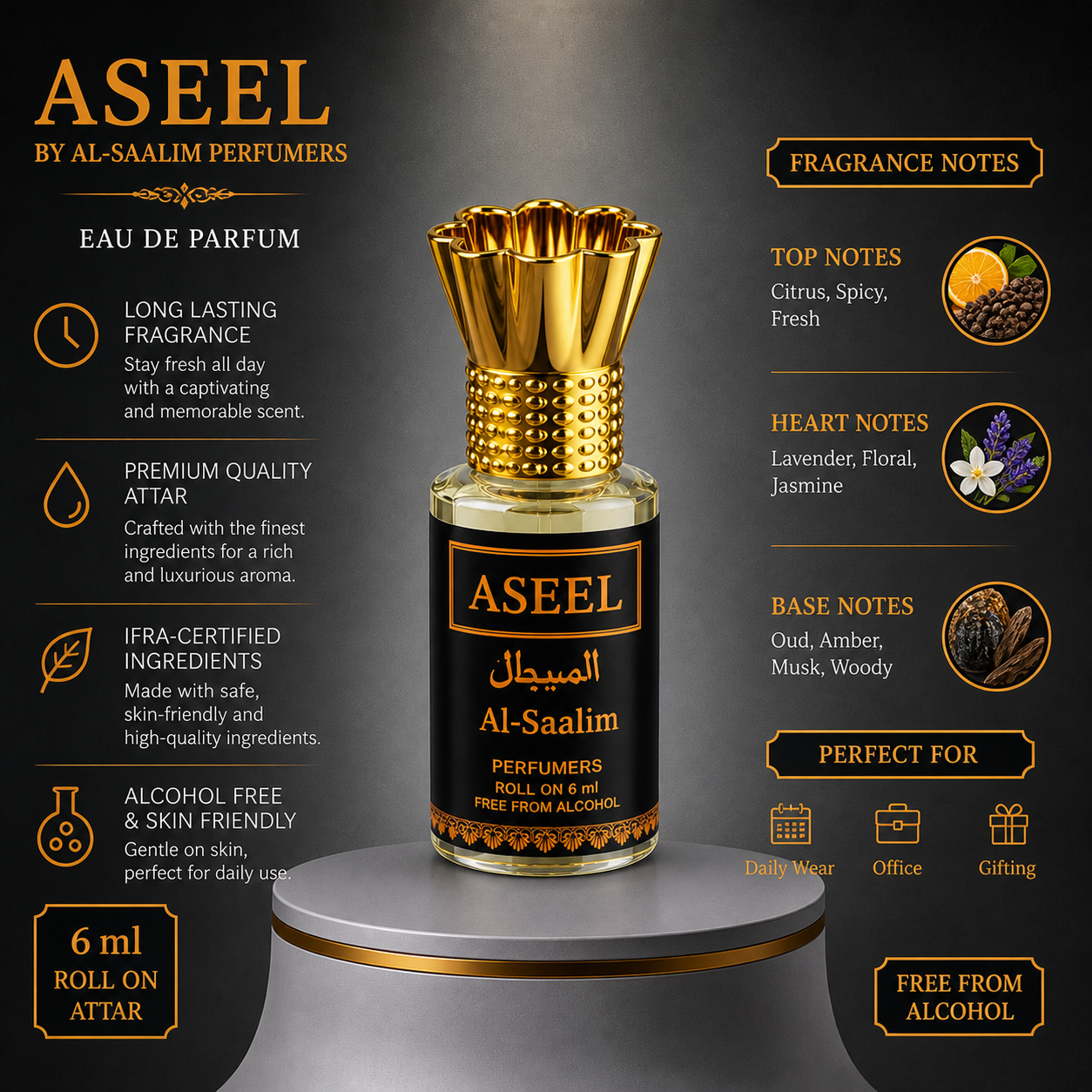 Aseel Attar (Roll On 6ml) | Al-Saalim Perfumers | Alcohol Free