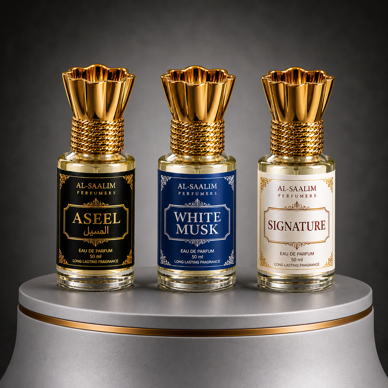 Al-Saalim Premium Attar Combo Pack (Pack of 3 – Aseel, White Musk & Signature) | Roll On 6ml Each | Alcohol Free