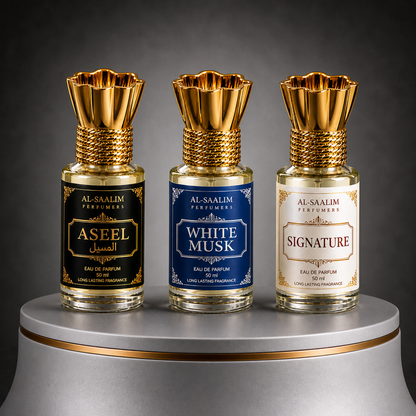 Al-Saalim Premium Attar Combo Pack (Pack of 3 – Aseel, White Musk & Signature) | Roll On 6ml Each | Alcohol Free