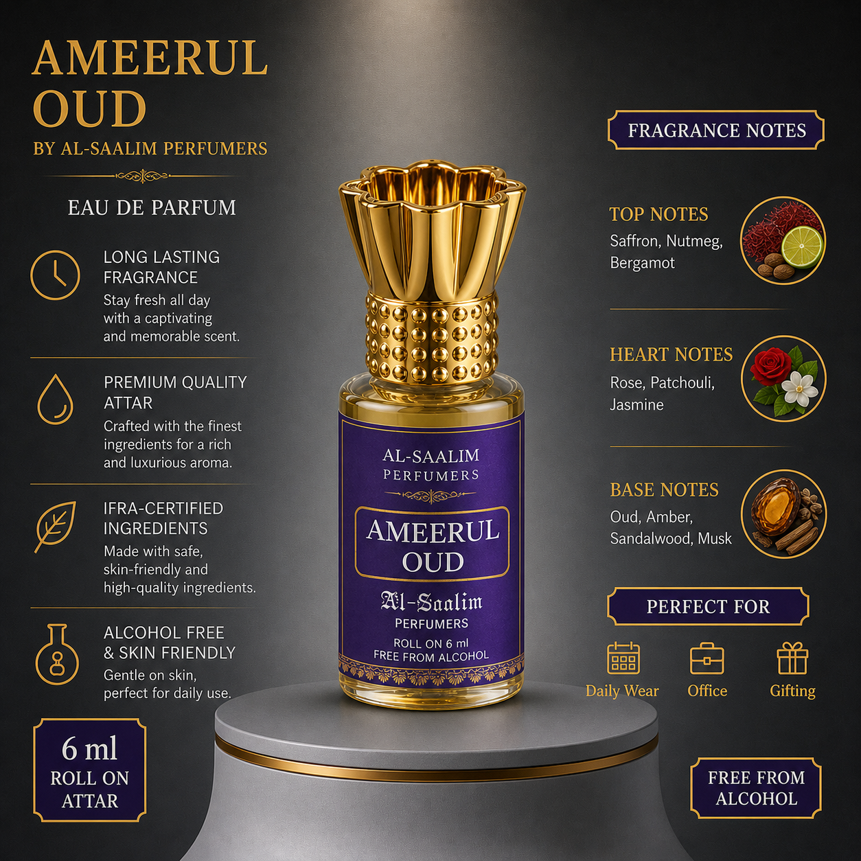 Ameerul Oud Attar (Roll-On 6ml) | Al-Saalim Perfumers | Alcohol-Free