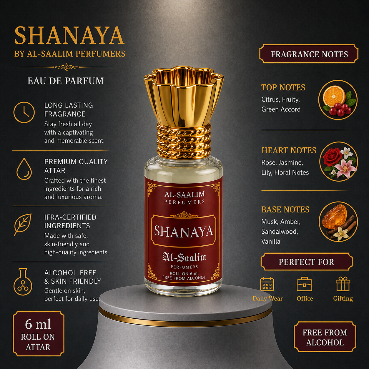 Shanaya Attar (Roll On 6ml) | Al-Saalim Perfumers | Alcohol Free